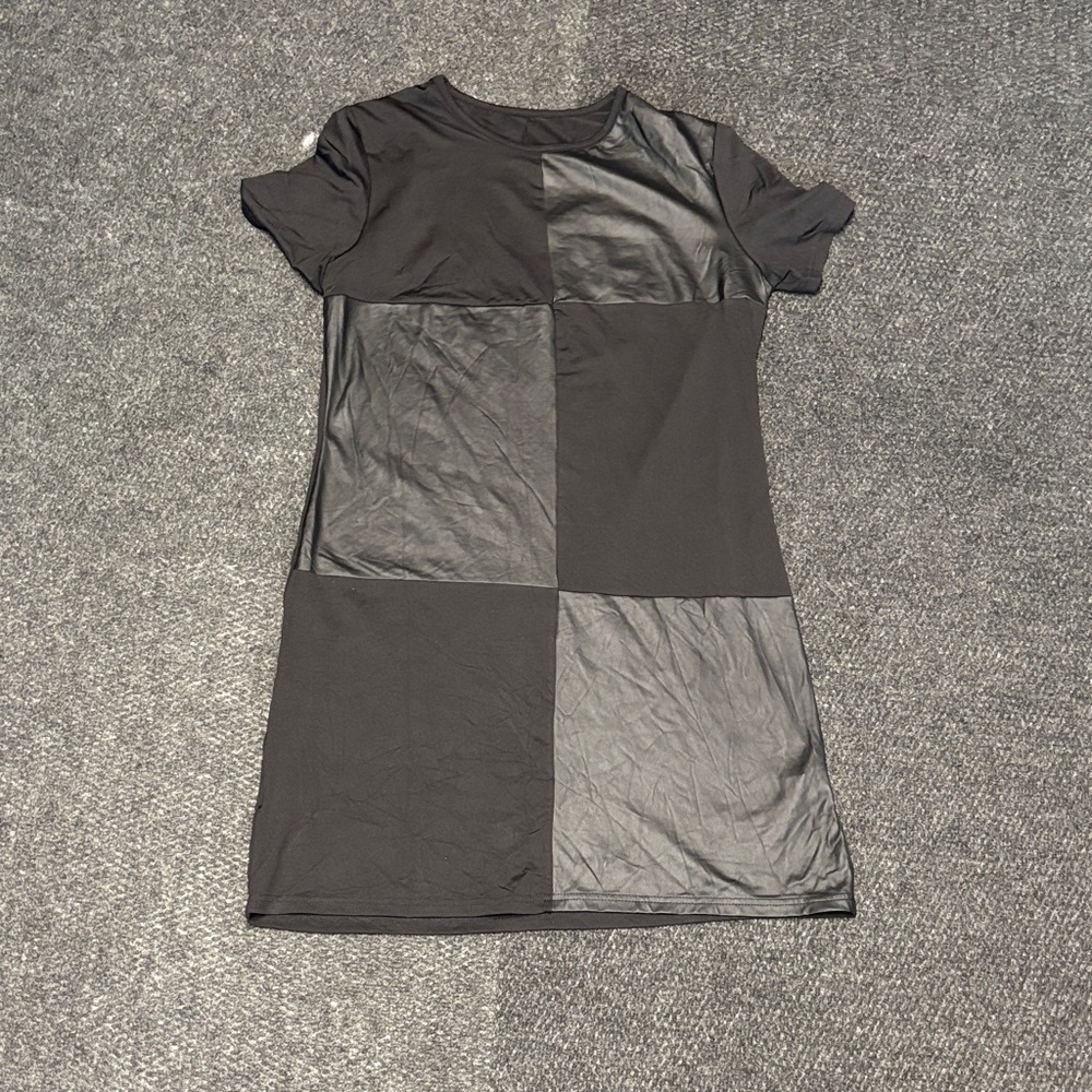 Black and Faux Leather Knee Length Patchwork Dress